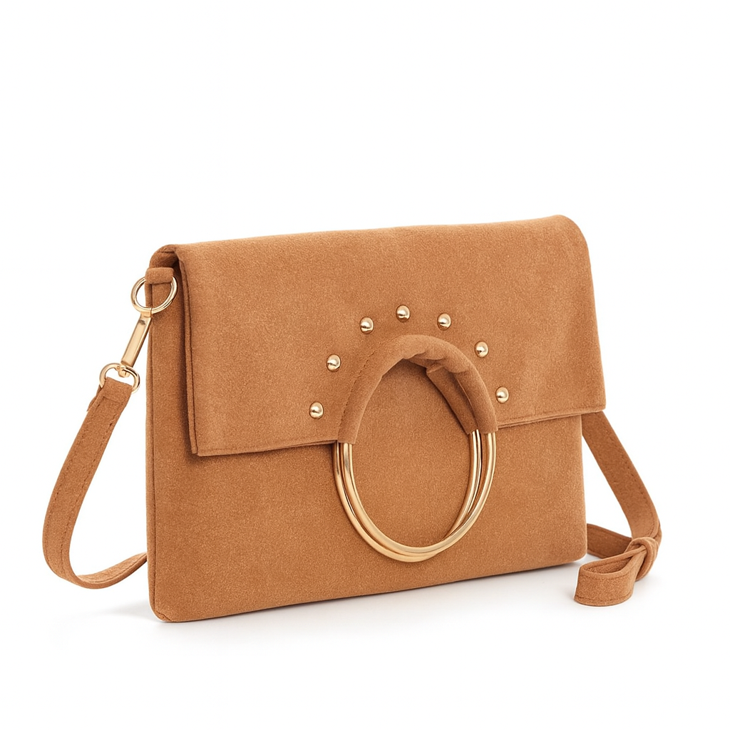 Bolso clutch con asa redonda dorada camel - Imagen 2