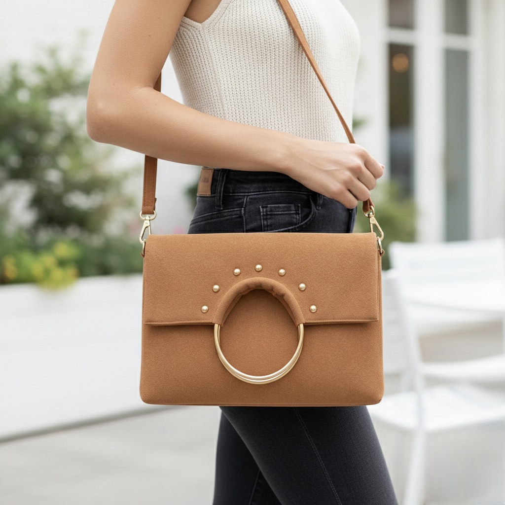 Bolso clutch con asa redonda dorada camel - Imagen 6