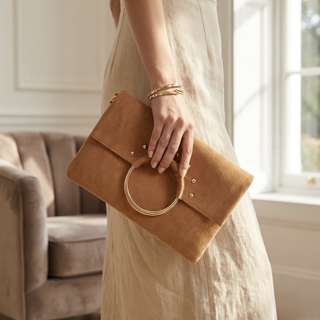 Bolso clutch con asa redonda dorada camel - Imagen 4