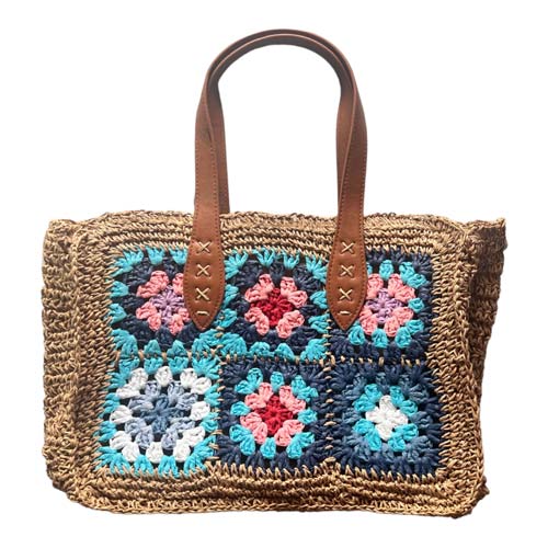 Bolso hilo vegetal con flores tonos azules
