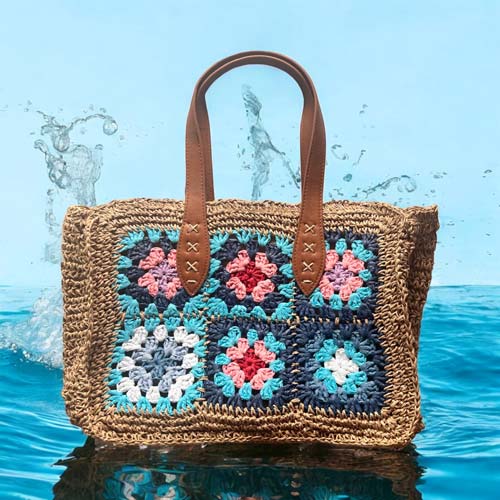 Bolso hilo vegetal con flores tonos azules - Imagen 3