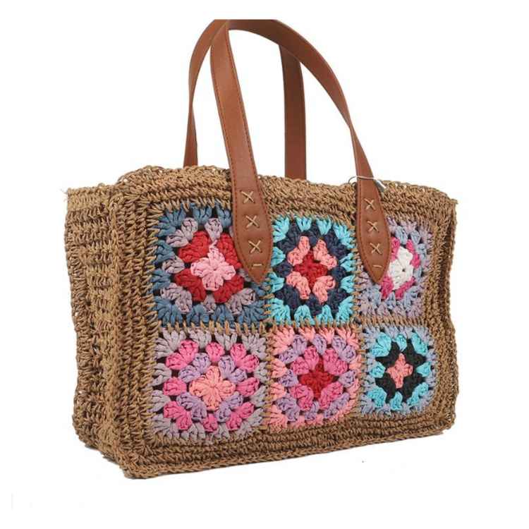 Bolso hilo vegetal con flores tonos rosa - Imagen 2